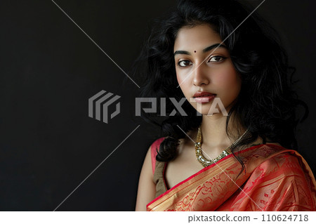 portrait of a young beautiful indian woman with sari 110624718