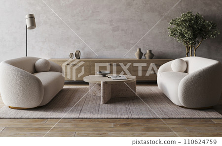 Contemporary living room with plush white armchairs and wooden accents 110624759