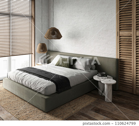 Tranquil bedroom design with olive green platform bed and hanging wooden pendant lights Tranquil bedroom design with olive green platform bed and hanging wooden pendant lights 110624799