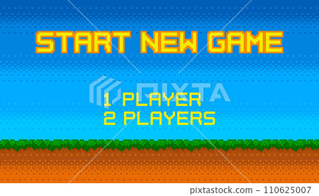 Start New Game background with player selection. 8-bit game. Retro arcade style menu. Green grass against blue sky. Vector illustration GUI. 110625007