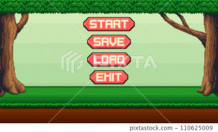 Pixel art game menu with woodland on background. Game selection menu with forest trees. 8bit seamless vector background. 110625009