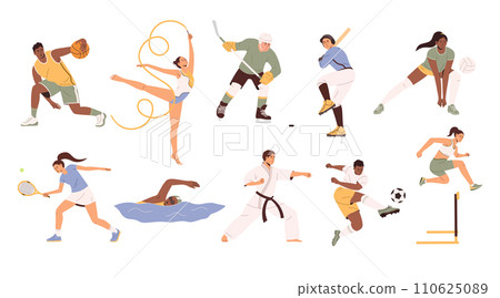 Athletes set. Basketball, tennis, soccer and football, volleyball, hockey and baseball players, gymnastics, karate, hurdler runner and swimmer. Flat vector illustration isolated on white background 110625089