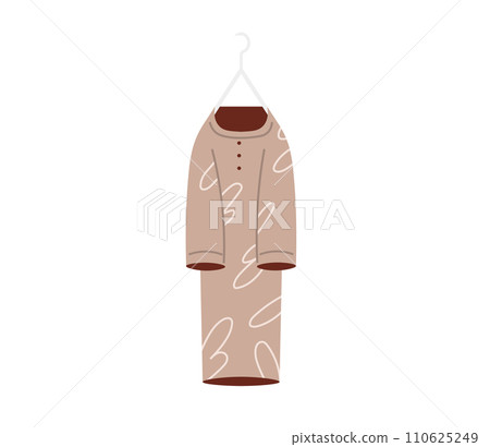 Clothes on hanger. Storage of men and women garments on hangers, apparel hanging on rack, wardrobe inner space flat vector concept. Jacket, coat, casual hoodie and trendy tshirt, pullover hanging 110625249