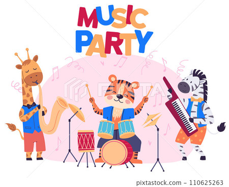 Animal party vector illustration. Join festivities as cheerful fauna creates magical celebration in jungle Creatures gather for festive banquet, turning animal party into lively. Music party 110625263
