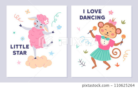 Animal party vector illustration. The wildlife celebration is cheerful feast happiness and entertainment forest with beasts into festive. Little star, i love dancing, pink sheep dances, monkey dances Animal party vector illustration. The wildlife celebration is cheerful feast happiness and entertainment forest with beasts into festive. Little star, i love dancing, pink sheep dances, monkey dances 110625264