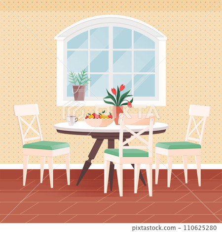 Kitchen interior vector illustration. Cooking and dining blend seamlessly in well-decorated kitchen and dining room Comfy and stylish furniture in kitchen creates welcoming dining atmosphere Kitchen interior vector illustration. Cooking and dining blend seamlessly in well-decorated kitchen and dining room Comfy and stylish furniture in kitchen creates welcoming dining atmosphere 110625280