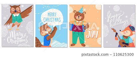 Animal party vector illustration. Join cheerful fauna in magical fairy tale celebration and festivity gather festive animal party, turning meadow into entertainment. Merry Christmas, happy holidays 110625300