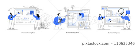 Business strategy, business intelligence and financial modelling tools. Collection of scenes with men and women taking part in business activities. Business strategy and planning tools set. Startup 110625346