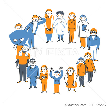 Volunteers from elementary school students to middle-aged and elderly people standing in a circle, casually dressed, illustration material 110625557