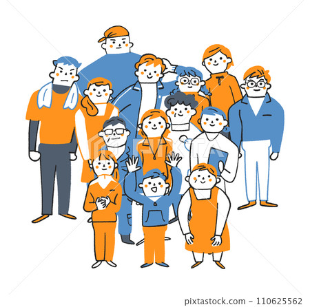 Volunteer illustration material of casually dressed city people from elementary school students to middle-aged and elderly people standing together. 110625562