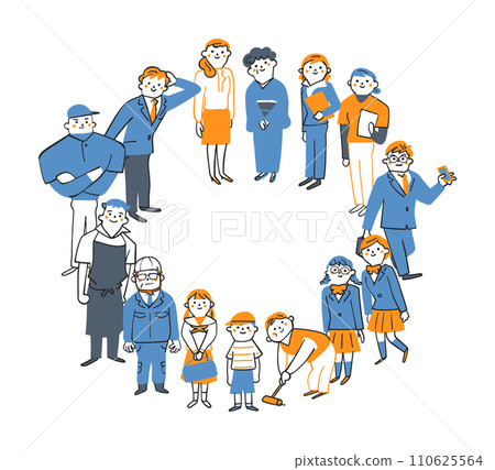 City people from elementary school students to middle-aged and elderly people standing in a circle, illustration material 110625564