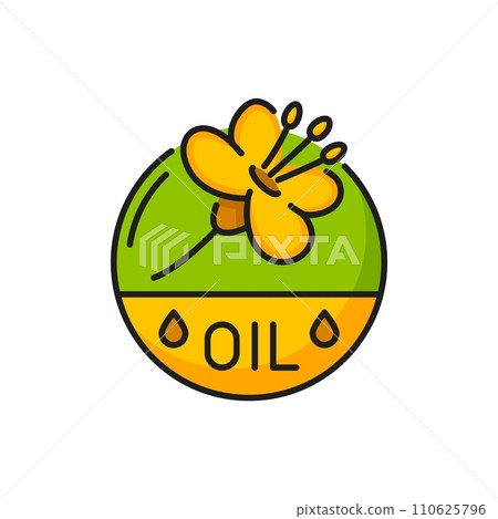 Rapeseed, canola oil icon. Isolated vector linear sign with golden flower inside of green and yellow circle with drops, symbolizing wholesome and nutritious product for culinary and health benefits 110625796