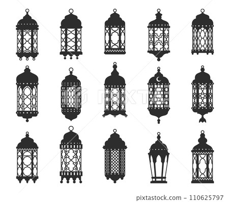 Ramadan or Eid Mubarak arab islamic lantern or lamp silhouette. Arab vintage lantern, middle east old gas lamp or muslim ramadan karem antique kerosene hanging light isolated vector silhouettes set 110625797