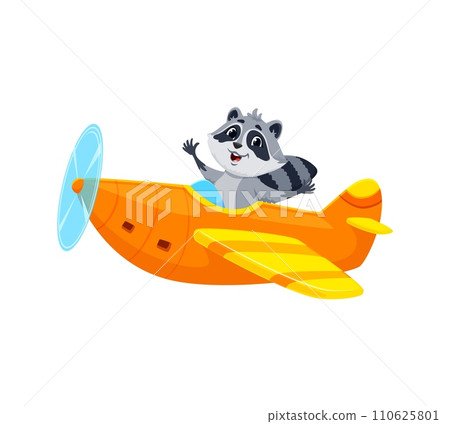 Cartoon raccoon pilot on airplane, funny animal aviator in toy plane, vector character. Happy raccoon flying on propeller airplane for zoo aviation toys and kids t-shirt print or kindergarten mascot 110625801
