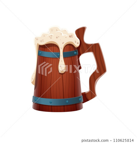 Cartoon pirate tankard, carved from wood, brims with foamy ale, its sides adorned with curve handle and metal loops. Isolated vector rugged mug telling nautical tales of high seas and daring adventure 110625814