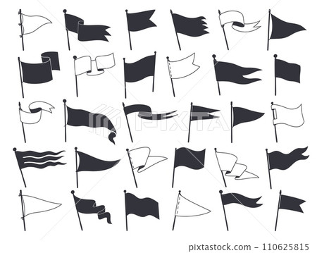 Isolated retro pennants, white and black flags on poles, vector icons. Flags or blank banners, triangle and square wavy pennants on flagpole sticks, retro flags for sport labels and emblem elements Isolated retro pennants, white and black flags on poles, vector icons. Flags or blank banners, triangle and square wavy pennants on flagpole sticks, retro flags for sport labels and emblem elements 110625815