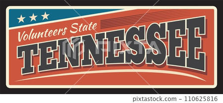 Tennessee state metal travel plates. United states old, sign, signboard with flag stars and stripes, retro typography, inscription vector. Nashville capital, retro signage Tennessee state metal travel plates. United states old, sign, signboard with flag stars and stripes, retro typography, inscription vector. Nashville capital, retro signage 110625816