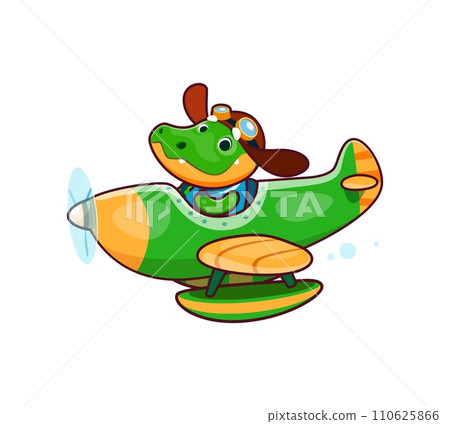 Cartoon cute crocodile animal character on plane. Adorable alligator kid flying on propeller airplane, cute crocodile pilot sitting in plane isolated vector personage. Funny animal on vintage aircraft Cartoon cute crocodile animal character on plane. Adorable alligator kid flying on propeller airplane, cute crocodile pilot sitting in plane isolated vector personage. Funny animal on vintage aircraft 110625866