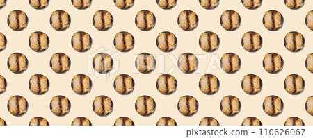 Seamless pattern of zucchini in batter, fried and baked on a wooden round board isolated on beige background. 110626067