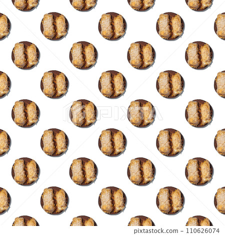 Seamless pattern of zucchini in batter, fried and baked on a wooden round board isolated on white background. 110626074