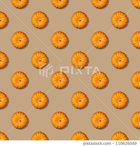 Seamless pattern with a pumpkin on beige background. Autumn pumpkin background. Top view. 110626089
