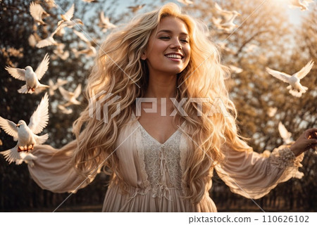 AI-generated content. Happy young woman surrounded by white doves in a beautiful sunny day AI-generated content. Happy young woman surrounded by white doves in a beautiful sunny day 110626102