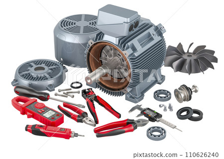 Industrial electric motor with tools. Service and repair of electric motors, 3D rendering Industrial electric motor with tools. Service and repair of electric motors, 3D rendering 110626240