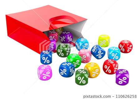 Shopping bag with discount cubes, 3D rendering Shopping bag with discount cubes, 3D rendering 110626258