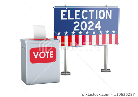 Ballot box with advertising billboard. Election in the USA, concept. 3D rendering Ballot box with advertising billboard. Election in the USA, concept. 3D rendering 110626287