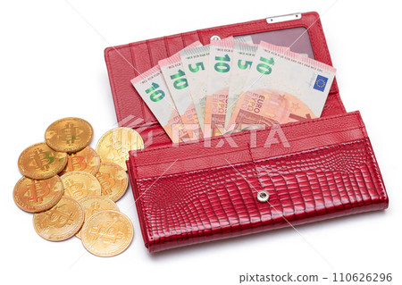 Opened Red Women Purse with 10 Euro Banknotes Inside and Bitcoin Coins - Isolated on White 110626296