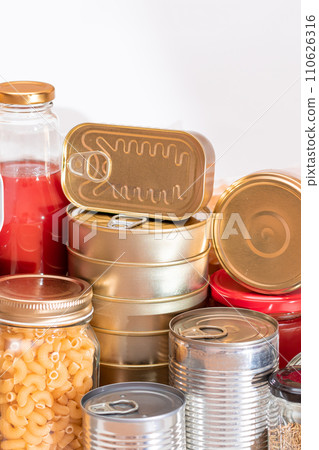 Food Reserves: Canned Food, Spaghetti, Pate, Tuna, Tomato Juice, Pasta, Fish and Grocery Food Reserves: Canned Food, Spaghetti, Pate, Tuna, Tomato Juice, Pasta, Fish and Grocery 110626316
