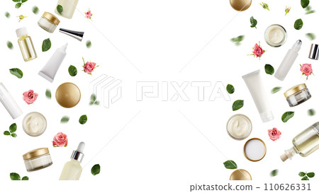 Skin care or beauty products bottles, rose flowers and leaves isolated on white vertically seamless background flat lay view with copy space 110626331
