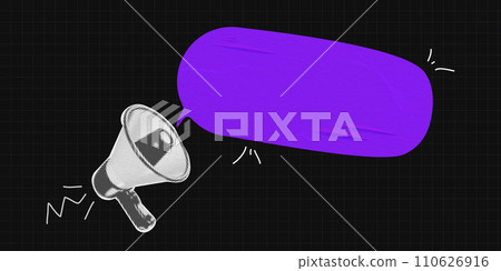 Collage element for message with louspeaker and realistick stickers. Vintage vector illustration ob black checkered background with paper texture. 110626916