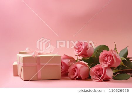 Beautiful pink rose flowers and present. Romantic gift wallpaper with space for text. Light gentle pink color bouquet garden rose photo poster border Beautiful pink rose flowers and present. Romantic gift wallpaper with space for text. Light gentle pink color bouquet garden rose photo poster border 110626926