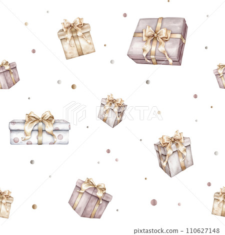 Seamless pattern Happy Birthday Watercolor. Hand drawn collection with gift boxesfor baby shower in cute pastel colors on isolated background. Minimal Illustration with presents for party Seamless pattern Happy Birthday Watercolor. Hand drawn collection with gift boxesfor baby shower in cute pastel colors on isolated background. Minimal Illustration with presents for party 110627148