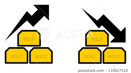 Illustration showing the rise and fall of the gold market price with arrows Illustration showing the rise and fall of the gold market price with arrows 110627320