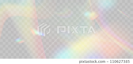 Blurred rainbow refraction overlay effect. Light lens prism effect on transparent background. Holographic reflection, crystal flare leak shadow overlay. Vector abstract illustration. 110627385