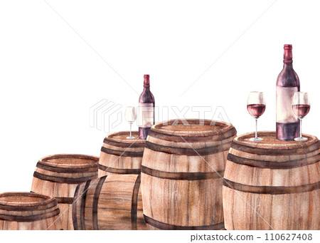 A group of wooden old barrels with bottles and glasses of red wine. Watercolour hand draw food illustration on white background. Wine making template for banner, card, drink menu, wine list print A group of wooden old barrels with bottles and glasses of red wine. Watercolour hand draw food illustration on white background. Wine making template for banner, card, drink menu, wine list print 110627408