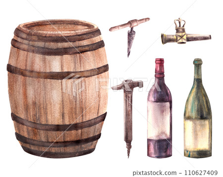Wooden barrel with corkscrew, tap and hammer for wine, beer, cognac and other alcoholic beverages. Hand drawn watercolor illustration for drink menu, winemaking, wine list Isolated on white background Wooden barrel with corkscrew, tap and hammer for wine, beer, cognac and other alcoholic beverages. Hand drawn watercolor illustration for drink menu, winemaking, wine list Isolated on white background 110627409