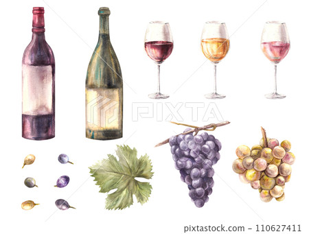 Watercolor wine making set. Bottle, glasses with red, white, rose wine fillings. Bunch, leaf and berries of grapes. Hand painted illustration for wine list, menu, label. Isolated on white background  110627411