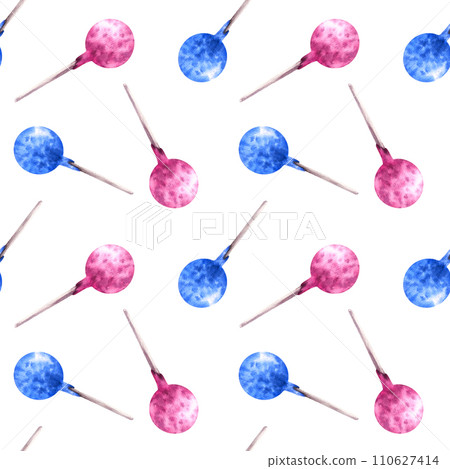 Watercolor seamless pattern with pink and blue pop cakes Hand drawn illustration party candies Lollipop print for wallpapers, wrapping, birthday deco, scrapbooking, bakery. Isolated white background Watercolor seamless pattern with pink and blue pop cakes Hand drawn illustration party candies Lollipop print for wallpapers, wrapping, birthday deco, scrapbooking, bakery. Isolated white background 110627414