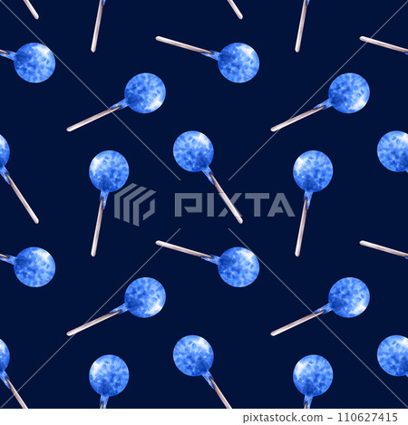 Watercolor seamless pattern with blue delicious pop cakes Hand drawn illustration party candies Lollipop print for wallpapers, wrapping, fabric, scrapbooking paper, bakery Isolated on dark background Watercolor seamless pattern with blue delicious pop cakes Hand drawn illustration party candies Lollipop print for wallpapers, wrapping, fabric, scrapbooking paper, bakery Isolated on dark background 110627415