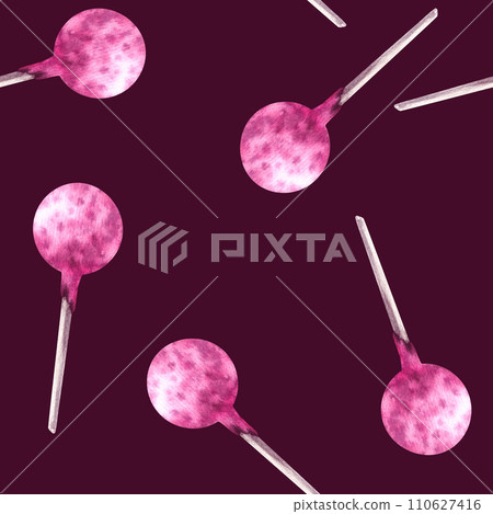 Watercolor seamless pattern with pink delicious pop cakes Hand drawn illustration party candies Lollipop print for wallpapers, wrapping, birthday deco, scrapbooking, bakery Isolated on dark background Watercolor seamless pattern with pink delicious pop cakes Hand drawn illustration party candies Lollipop print for wallpapers, wrapping, birthday deco, scrapbooking, bakery Isolated on dark background 110627416
