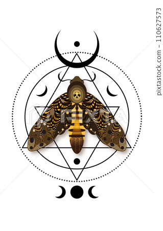 Mystical death head moth in dark brown colors. Cresent moon and wiccan triple goddess, butterfly with a skull. Sacred geometry. Alchemy, magic, esoteric, occult sign isolated on white background 110627573