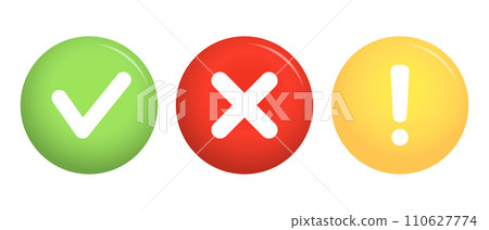 Green tick sign, red cross icon and yellow warning sign. Isolated check marks, checklist signs, approval icon. Vector 110627774