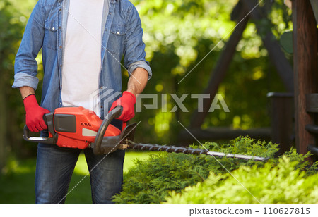 Unrecognizable strong male gardener trimming conifer hedges with modern electric loppers outdoors. Crop view of man in gloves pruning bushes with pro equipment in garden. Concept of gardening. Unrecognizable strong male gardener trimming conifer hedges with modern electric loppers outdoors. Crop view of man in gloves pruning bushes with pro equipment in garden. Concept of gardening. 110627815
