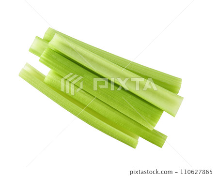Fresh green celery sticks isolated top view. 110627865