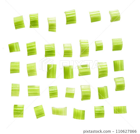 Sliced fresh celery isolated on white background. 110627866
