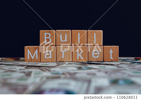 Wooden blocks with the text "Bull Market" on a black background and crypto banknotes scattered on the ground. 110628011
