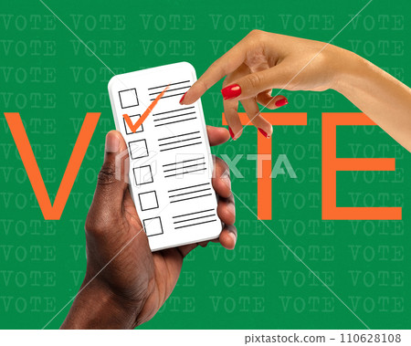 Online voting system. Human hand holding phone with ballot paper on screen with checkmark. Contemporary art collage Online voting system. Human hand holding phone with ballot paper on screen with checkmark. Contemporary art collage 110628108